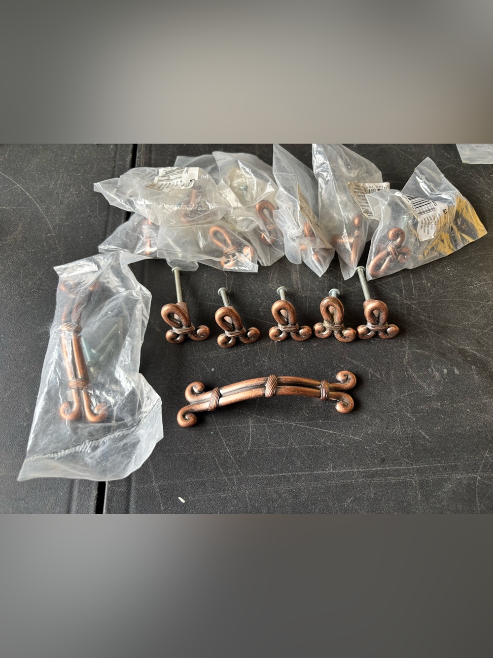 Brushed/antiqued copper drawer pulls & knobs
